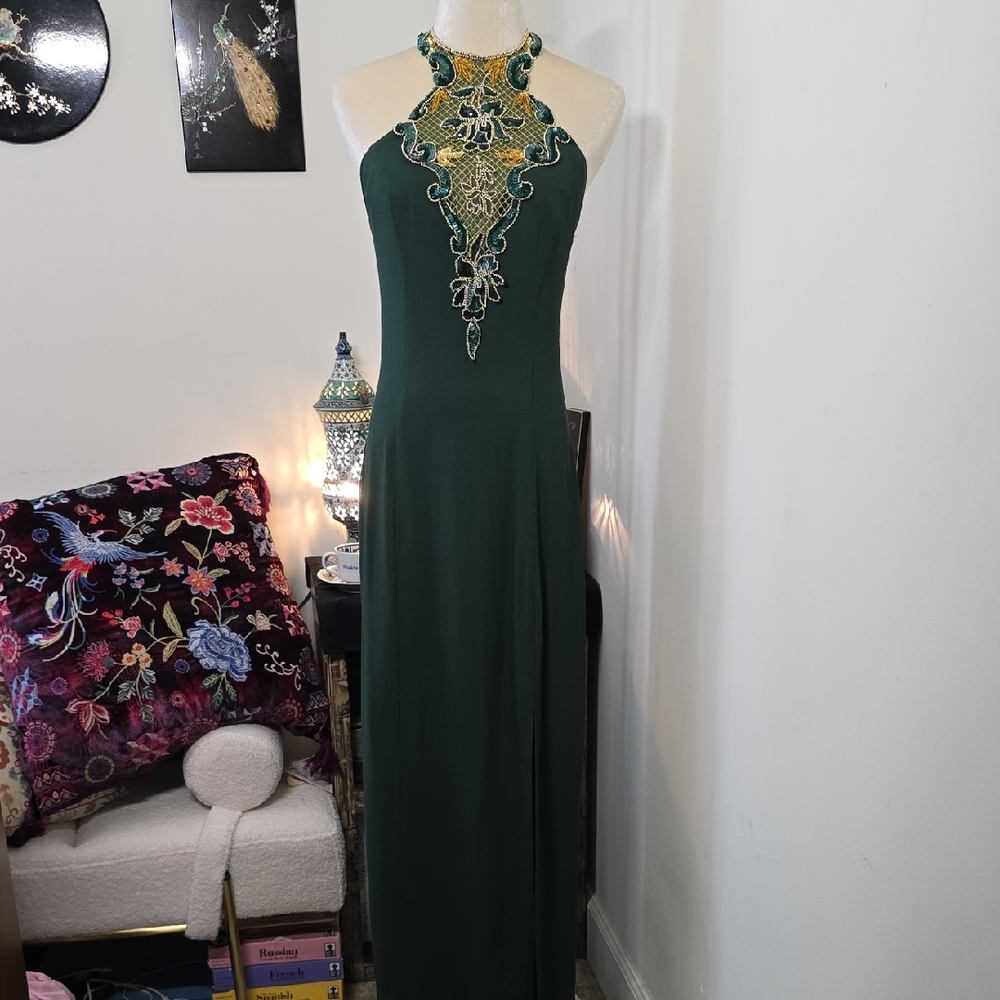 Vintage Green Embellished Halter Evening Dress